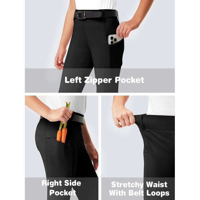 Дитячі штани для їзди верхи FitsT4 - спортивні рейтузи для дівчаток, повний силіконовий наповнювач, рейкові штани, літні штани з 2 бічними кишенями та петлями для ременя, чорний колір, розмір L