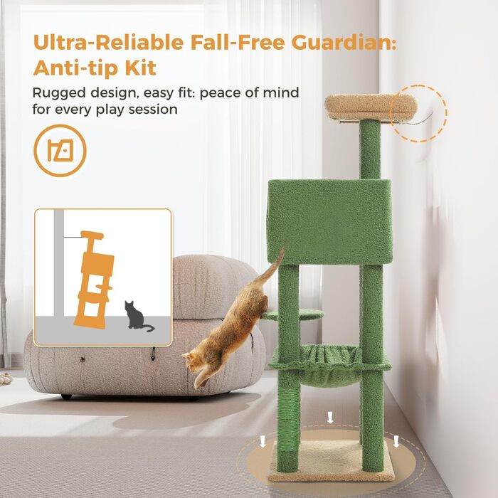 Комплекс для котів PAWZ Road з будиночком, гамаком та когтеточкою, 6-ярусний, 113 см, зелений