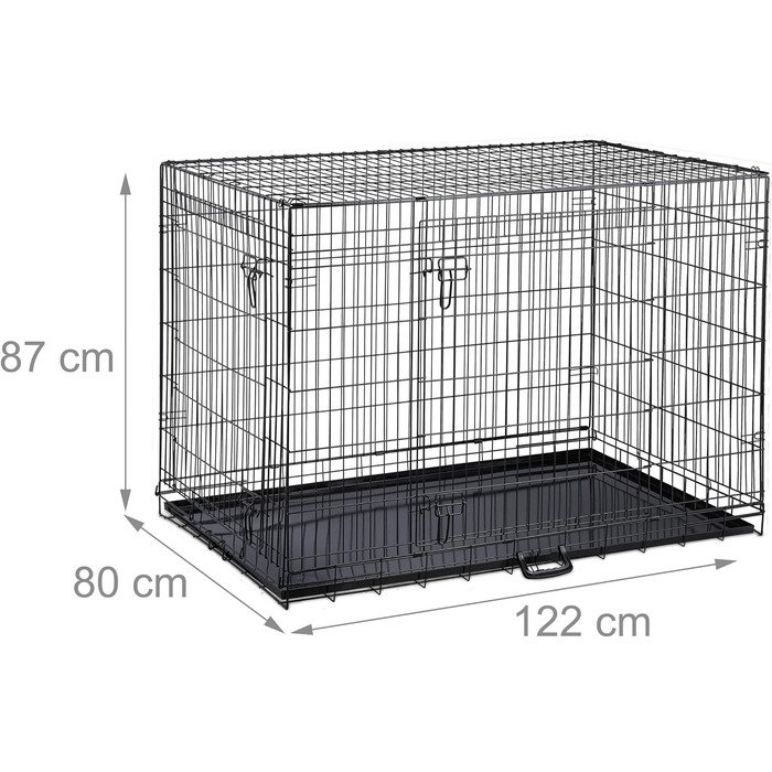 Клітка для собак Relaxdays, для дому та автомобіля, HBT: 87 x 122 x 80 см, складана собача будка з дном, 2 двері, ручка, сталь, чорна L 80 x B 122 x H 87 см