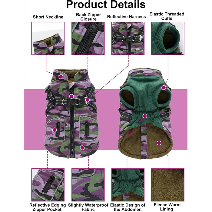 Зимовий теплий пуховик для собак з прорізами для зчеплення, вітронепроникна куртка для холодної погоди, бавовна, костюм для цуценят, маленьких та середніх собак, розмір XL (XL: Обхват грудей: 50 см, Стиль 8: фіолетовий камуфляж)