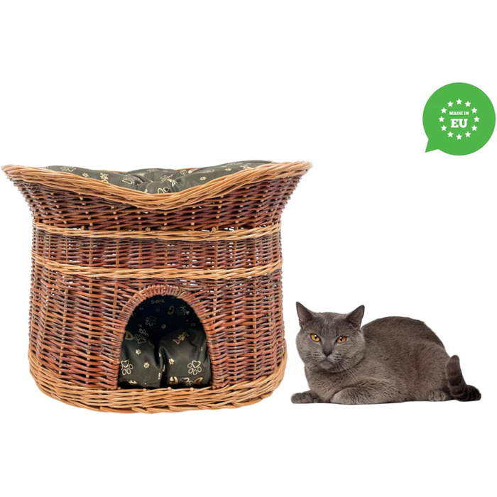 Кошик для кота з лози 70 см, двоповерхове ліжко-домік для котів і собак, з м'якими темно-коричневими подушками, лакований, овальний, для дому