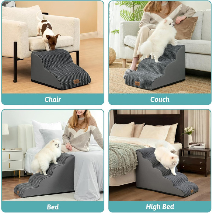 Сходинки для собак, 57 см, для маленьких собак, з високощільним губчастим матеріалом, знімний, миючий чохол, неслизьке дно, 5 ступенів, 40x84x57 см, темно-сірий колір