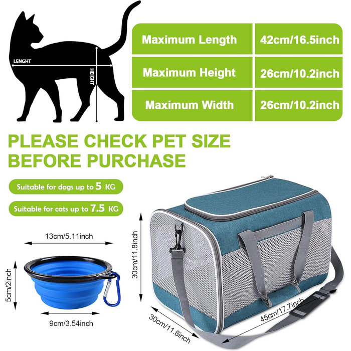 Транспортна переноска для кота KunpengZen, переноска для собаки, складана, з регульованим плечовим ременем, знімним плюшевим матрацом, для котів до 7.5 кг, для подорожей, авто, до ветеринара, блакитна