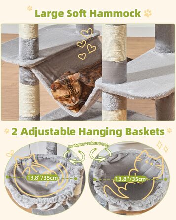 Кігтеточка для котів Taoqimiao 193 см, велика, XXL, з будиночками, гамаком, платформами та 8 стовпчиками для заточування кігтів, сірого кольору MS046W