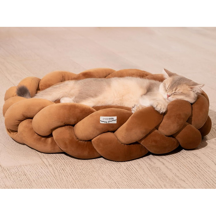 Велике котяче ліжко CheerPals 60 см, миється, плетене затишне гніздо, ліжко для собак з еластичним матрацом, підходить для котів та маленьких собак, білий (карамельно-коричневий)