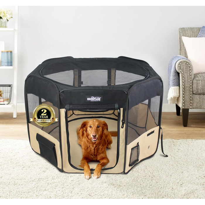 Клітка-вольєр EliteField для домашніх тварин з 2 дверцятами, м'яка, різні розміри та кольори, для собак, котів та інших тварин (91,4 x 91,4 x 61,4 см, + Бежевий)