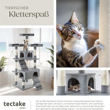 Велика когтеточка для котів tectake, 2 будиночки, 4 іграшкові мишки, 2 драбинки, стовпчики з сизалем, настінне кріплення, сіра