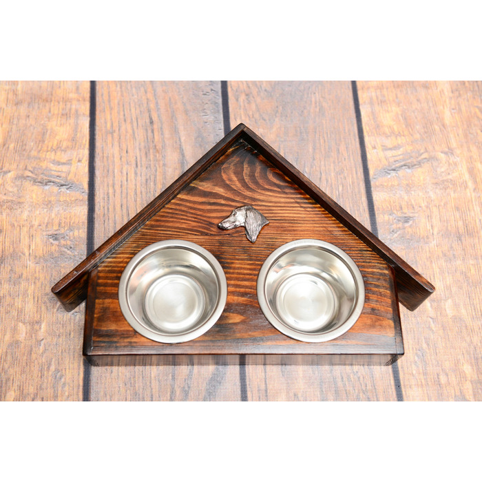 Підставка з мисками для собак із масиву дерева та сталевими мисками, для перської борзої та салюкі