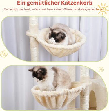 Котячий будиночок Hey-brother XXL для великих котів, 180 см, стабільний, з 3 платформами, 3 печерами та 2 котячими будиночками (Бежевий)