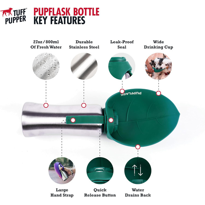 PupFlask пляшка для води для великих собак 800/1200 мл, нержавіюча сталь, портативна поїлка для собак і цуценят, герметична, для подорожей, підходить для всіх порід