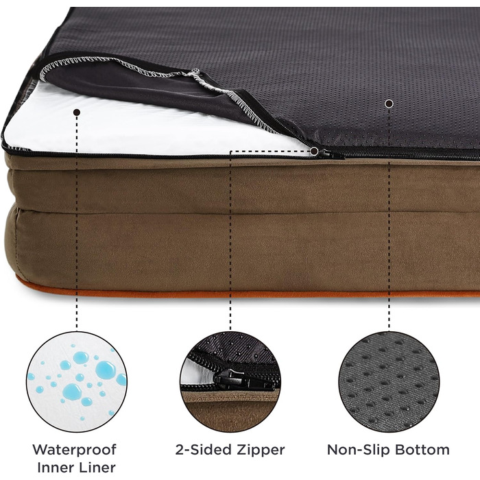 Ортопедичне ліжко для собак BEDSURE - 122x89 см. М'яке ліжко-софа для великих собак з ефектною формою, зручне та миється, нековзне, коричневе. Розміри: 122 x 89 x 20 см.