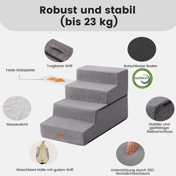 Сходи для собак Gardner Pet 2-в-1, 3 сходинки, регульована висота 23/36 см, сірі (висота 46.5 см)