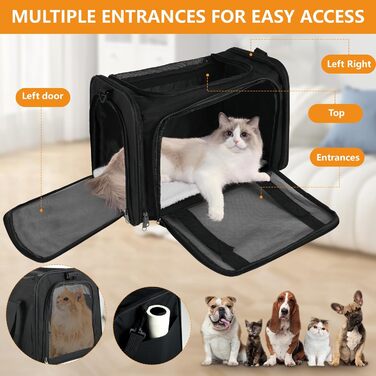 Транспортна сумка для тварин: складана переноска для кота та собаки, легка переноска з плечовим ременем, дихаюча переноска для подорожей та авто (чорна)