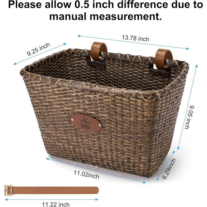 KONG MING CAR Кошик на велосипед – Ретро дизайн, міцний кошик на кермо з дерев'яною підкладкою та шкіряними ручками, ідеальний як передній кошик для велосипеда (Темно-коричневий)