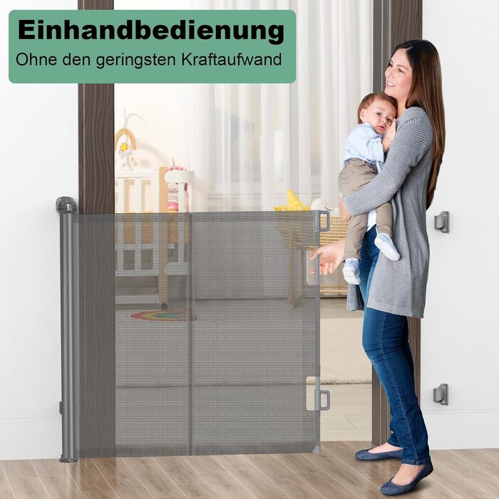 Захист для сходів з замком, висувний захист для дітей та собак, 150 см ширина, 83 см висота, автоматичне блокування (140см, сірий)