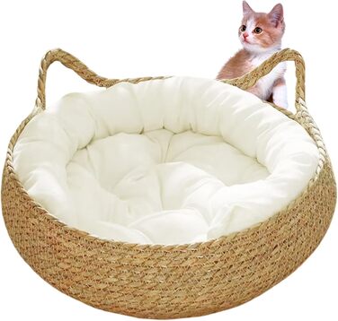 Кігтеточка-ліжко для котів з соломи та м'яким подушкою, 43 см, зручне ліжко для кошенят, ліжко для котів + біле подушко + об'ємні подушки