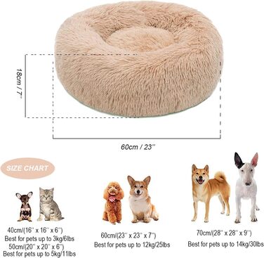 Заспокійливе ліжко для собак, у формі пончика, з плюшу, з блискавкою, придатне для прання в пральній машині, для маленьких собак, котів, кошенят та цуценят, 50 см (M/60 см, Бежевий)