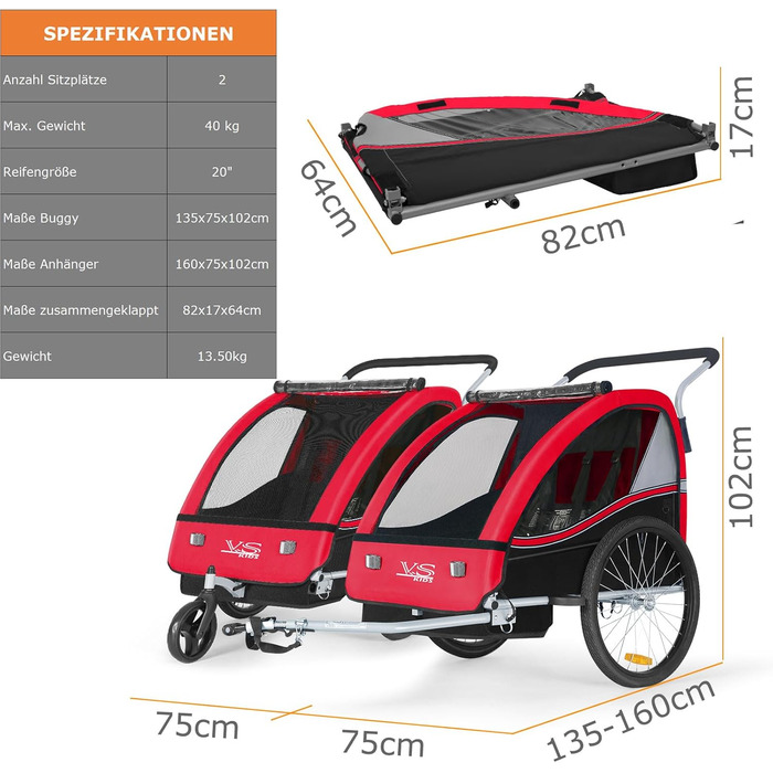 Дитячий причіп Tiggo VS 2-в-1: причіп для велосипеда та коляска-візок, червоний