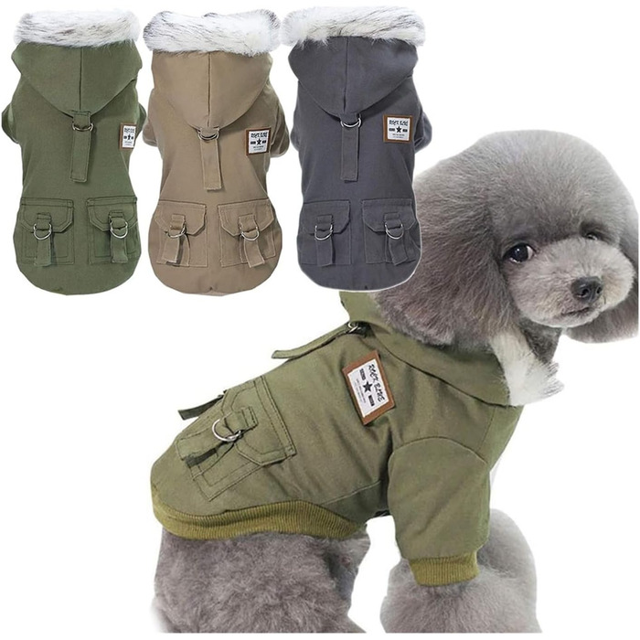 Зимова куртка для собак, теплий вітрозахисний халат для маленьких собак, одяг для домашніх тварин з капюшоном у військовому стилі, для Чихуахуа та Йоркширських тер'єрів (Бежевий5, M)