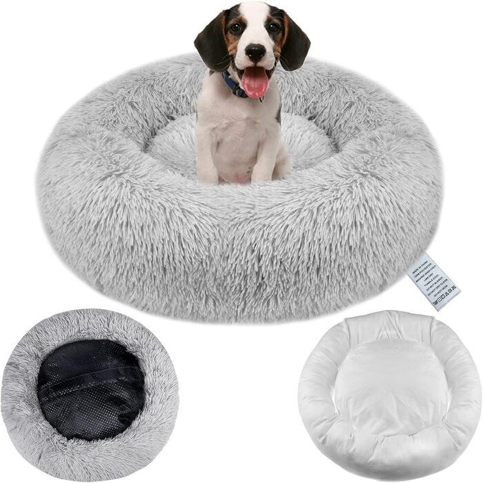 Заспокійливе ліжко для собак знімний чохол, миється, ліжко-пончик проти тривоги, м'яке, кругле, затишне, плюшеве, тепле, 60 см, світло-сірий, зовнішній діаметр 60 см (M), чорний