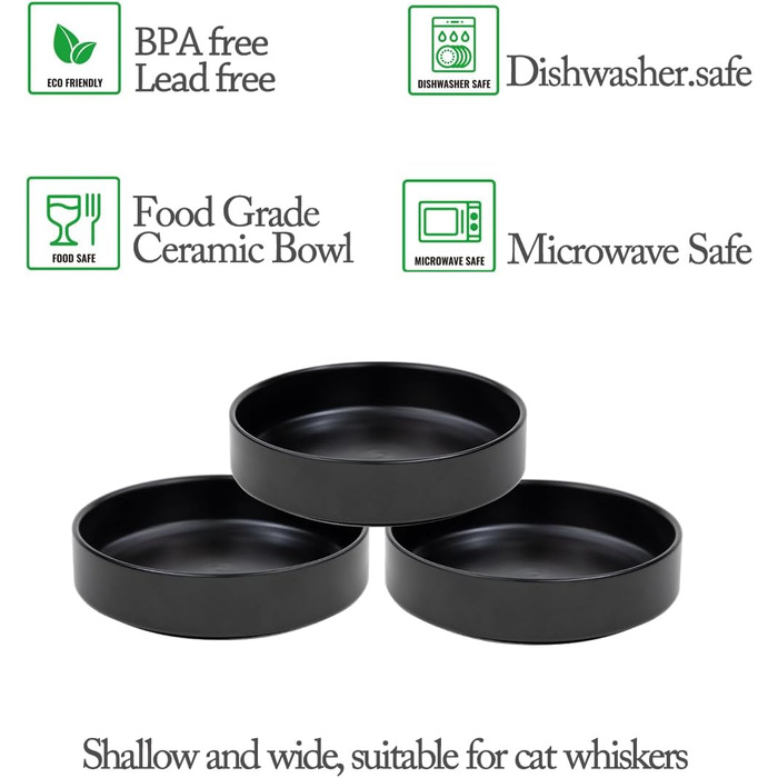 Набір мисок для котів з кераміки, 3 шт. - миски для котів та кошенят, 15*4 см (чорний)
