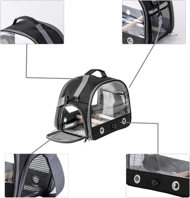 Транспортна сумка для папуг, переносна сумка для птахів з підставкою та підносом з нержавіючої сталі, легкий рюкзак для папуги, складана переносна коробка для птахів, переносна сумка для маленьких птахів, для папуг (чорна)