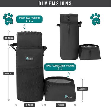 Сумка для корму для собак PetAmi | Сумка-переноска для сухого корму з розкладним набором мисок для води | Контейнер для корму для домашніх тварин для подорожей, кемпінгу, походів, аксесуари (чорний, сірий) Food Bag & Collapsible Bowls Чорний