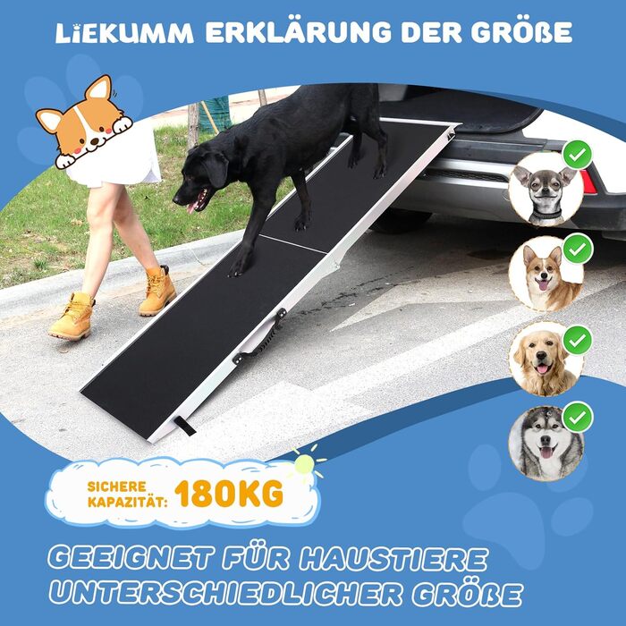 Складана автомобільна рампа для собак LIEKUMM 184,5×38 см, переносна пандус-степи для собак, навантаження 180 кг, для авто, позашляховиків та вантажівок