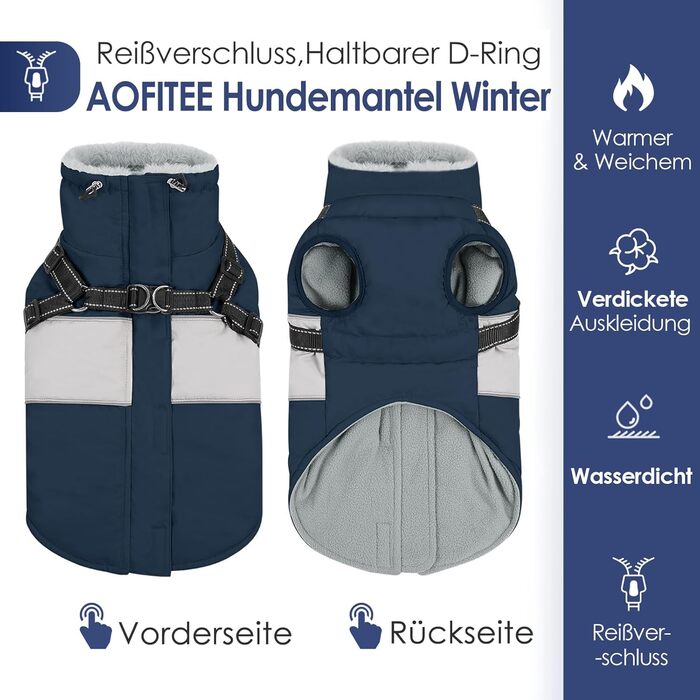 Зимовий водонепроникний теплий зимовий одяг для собак AOFITEE, великі породи, з кріпленням для повідка, флісова жилетка, вітронепроникний, для німецьких вівчарок, синій, 3XL, темно-синій