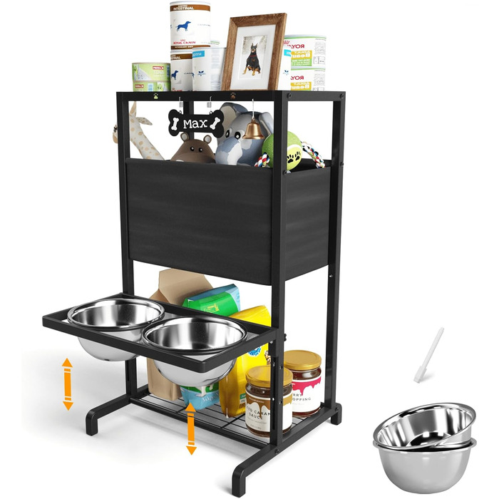 Підвищені годівниці для великих собак, екстра-великих порід, з нековзною підстилкою, об'єм 3000 мл (13 чашок), стабільна годівниця, висота 46 см, підставка для собак XXL, коричневий колір - миски та підстилка, 2,863 мл, 46 см (для великих собак, чорний ко