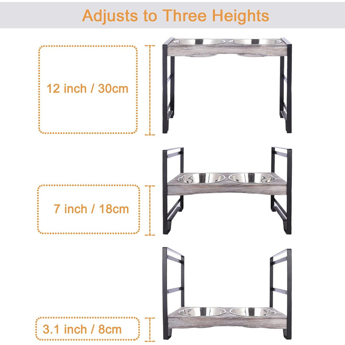 Підвищена годівниця для собак Satauko з 3 рівнями регулювання, дерев'яна годівниця для великих собак з двома мисками з нержавіючої сталі, протиковзна годівниця, миска для води та їжі. Сіра