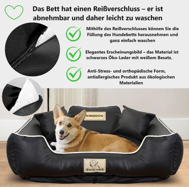 Крісло-ліжко для собак середніх порід King Dog: миється, з еко-шкіри, 75x65 см, з можливістю персоналізації імені, водонепроникне, з силіконовою начинкою, чорне