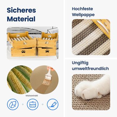 Кігтечка для котів з гофрокартону, велика, XXL, коробка-ліжко, кігтешкребок для котів, килимок для кігтів, з високоякісного гофрокартону та дерева, подарунок для любителів котів, жовто-білі смуги (натуральний колір, 38,5x30x15,5 см)