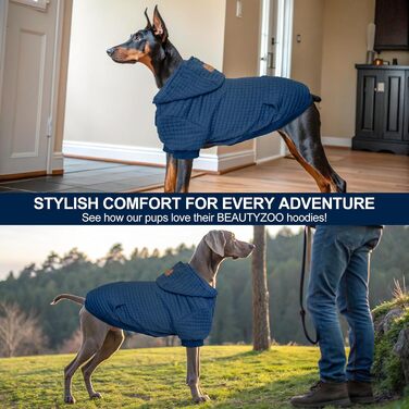 Світшот для великих собак BEAUTYZOO з кишенями, одяг для собак, для хлопчиків та дівчаток, вафельна тканина, ламінована бавовна, халат для тварин з отвором для шапки, розмір 2XL (довжина спини: 68.6 см, обхват грудей: 90.2 см, обхват шиї: 63.5 см), колір:
