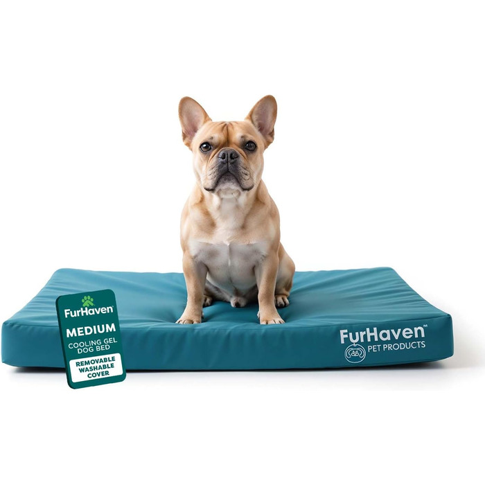 Водонепроникне ліжко для собак FurHaven з охолоджуючим гелем, середнього та малого розміру, знімний, пральний чохол, до 15,9 кг, для дому та вулиці, з логотипом, водонепроникний принт (Deep Lagoon), розмір L (76 x 51 x 8 см)