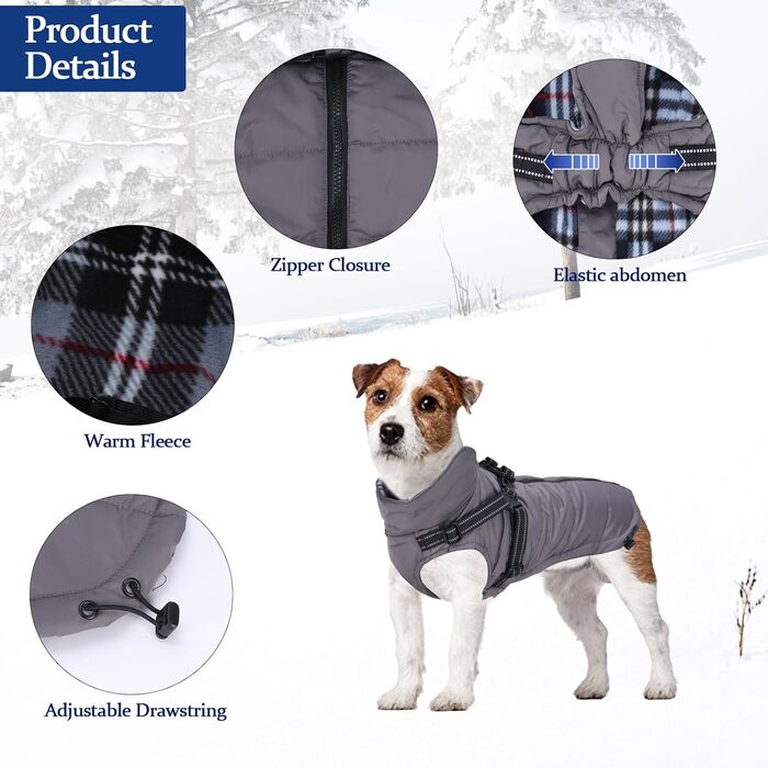 Водонепроникний зимовий теплий нашийник для собак, розмір M (довжина спини 34 см), сірий