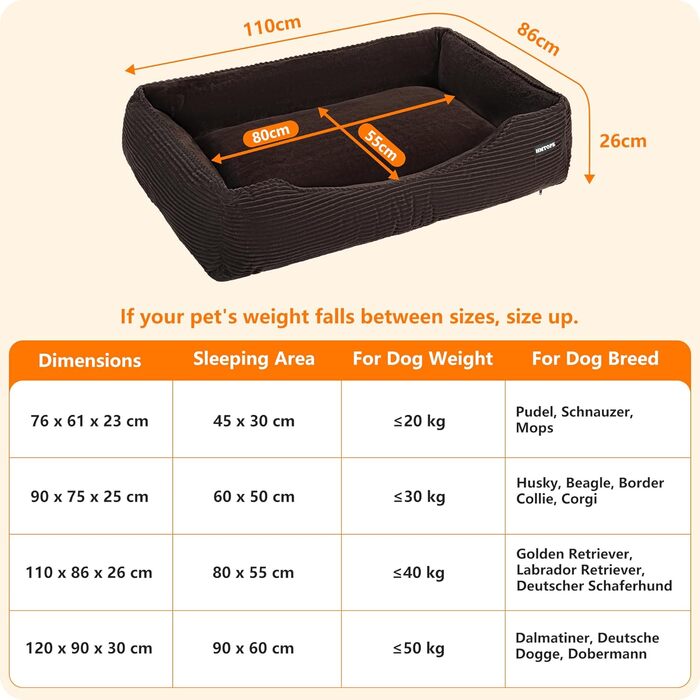 Ліжко для собак з тканини Cord, S/M/L, антиковзаюче, знімний та пральний чохол, м'яке та дихаюче, коричневе, 110 x 85 x 27 см