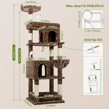 Комплекс для котів Globlazer Kratzbaum Maine Coon 183 см з 2 печерами, великою лежаком, стійкий кактус для великих котів (Леопард)