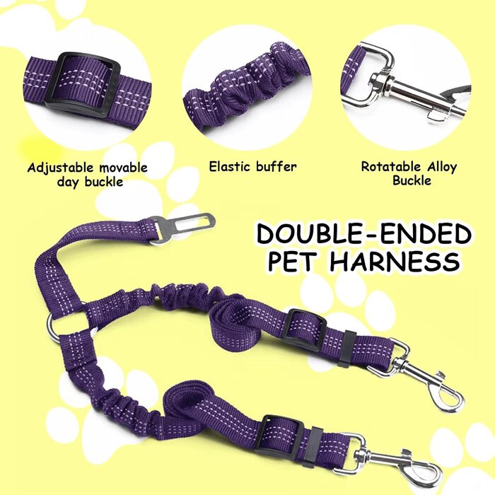 Ремінь безпеки для собак у машину, еластичний, подвійний, регульований (фіолетовий)