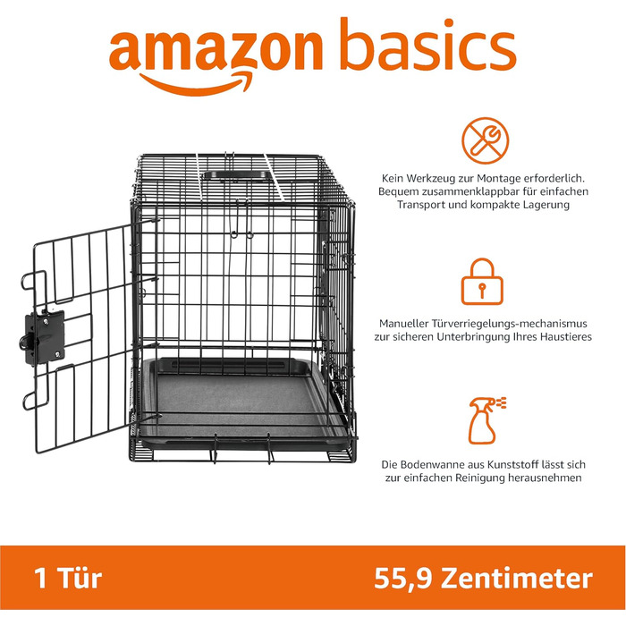 Складана металева клітка для собак Amazon Basics з піддоном, чорна, 56x33x40 см, одні двері