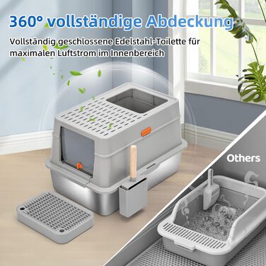 Великий котячий туалет з кришкою KMNSUN XXL, 30 л, з нержавіючої сталі, з двофільтровою системою та совком, високий бортик, не протікає, сірий