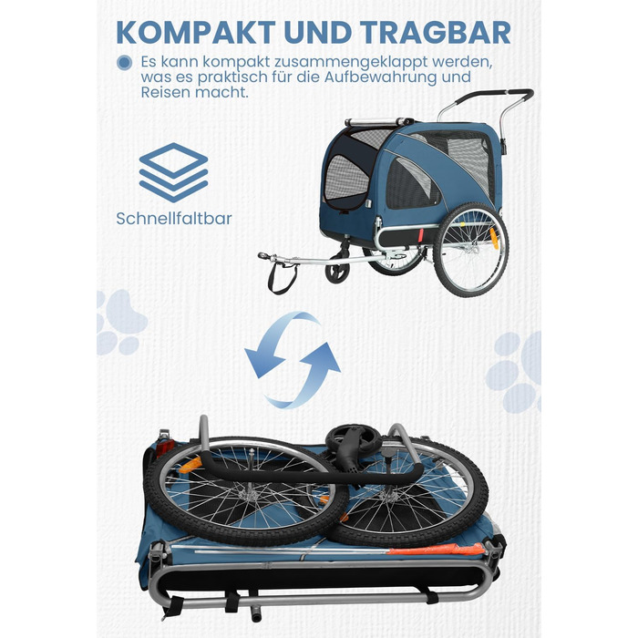 SEPNINE® Причіп для собак XL 2-в-1, велосипедний та візок для собак до 40 кг, складний з гальмами та зчіпним пристроєм, для середніх та великих собак – блакитний