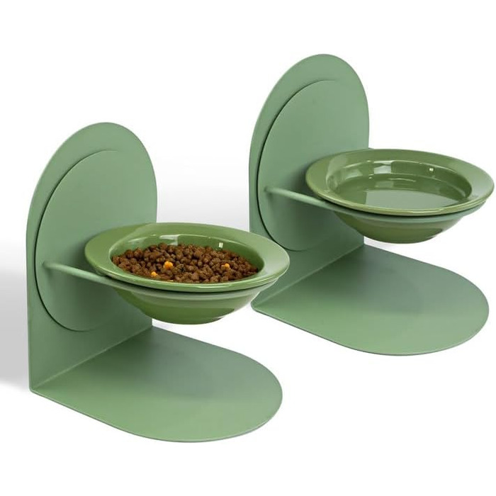 Підвищений годівниця для котів, керамічна миска для корму з металевим підставкою, протиковзна, не протікає, для дому (2 шт, зелена)