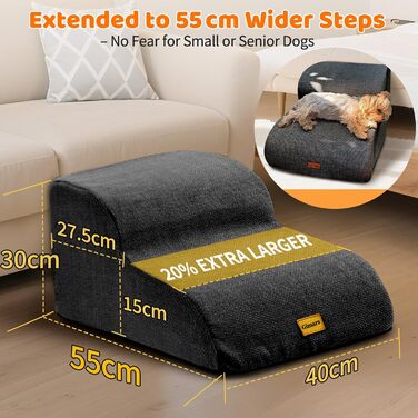 Сходинка для собак Gimars з 30D піною, широка та стійка, 3 сходинки, 40 см, знімний та пральний чохол, неслизьке дно, портативна рамка для маленьких собак до дивану, ліжка, авто (2 сходинки, чорний)