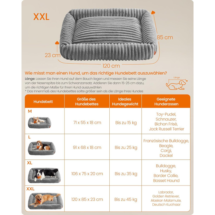 Feandrea Ортопедичне ліжко для собак, велике, з м'яким покриттям, 91 x 68 x 18 см, PGW312GD01 (XL 120 x 85 x 23 см, Сірий)