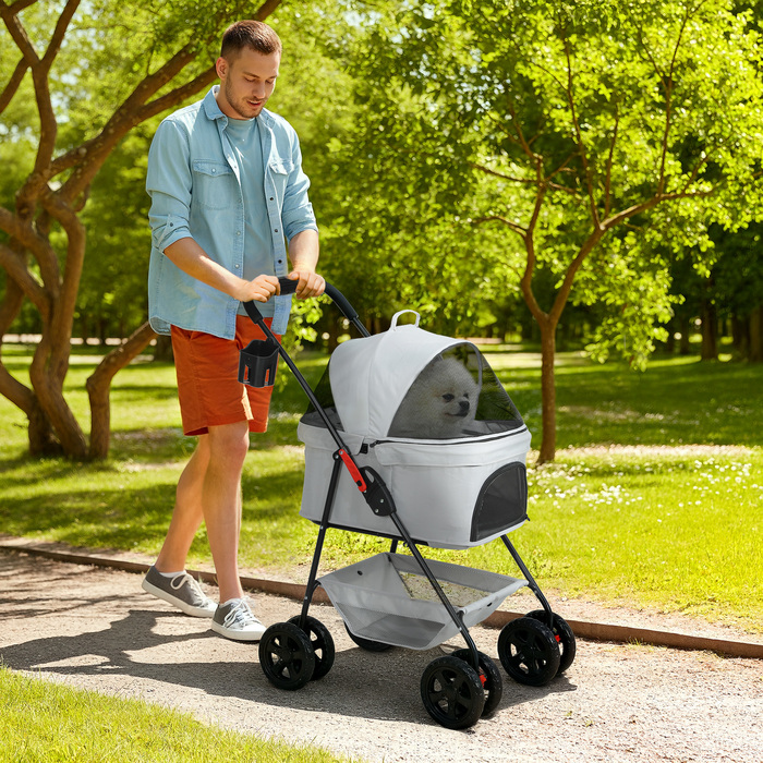 Складна коробка для собак PawHut 3 в 1 Dog Buggy Foldable Dog Box, складна транспортна сумка з підстаканником, Dog Buggy, Котяча коляска з колесами 360° Cat Buggy для міні собак до 4 кг, світло-сірий | Аосом