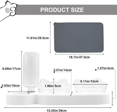 Набір мисок для котів та собак 2 в 1 з диспенсером для води, ковзаючою підкладкою та лопаткою. Нахил 15°, миски для сухого та вологого корму, білий колір