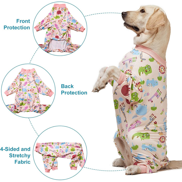 LovinPet Одяг для великих собак: піжама для собак великих порід, вузька посадка, легкий пуловер, повне покриття, з принтом рожевого кольору, розмір 3XL