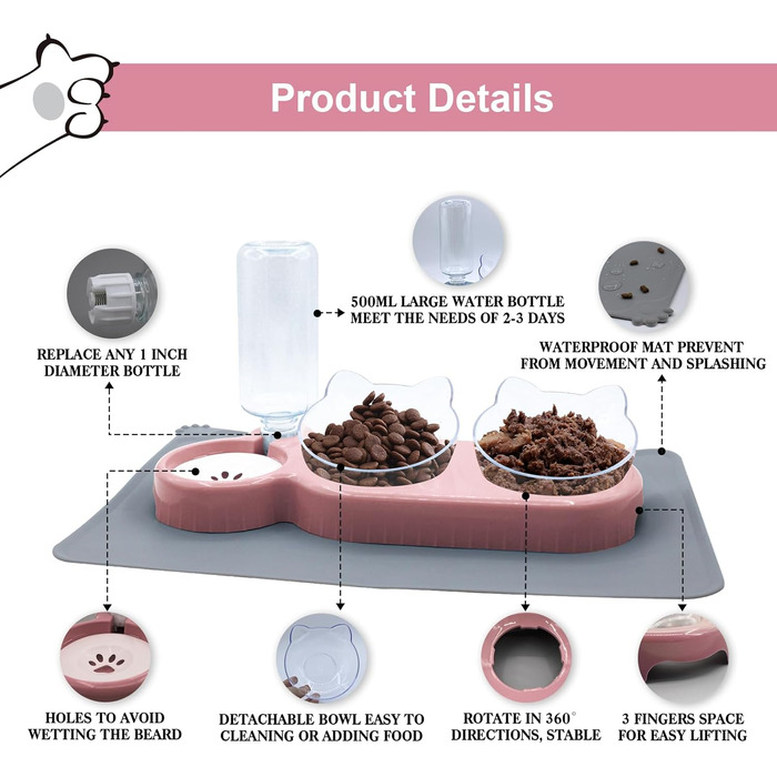 Набір мисок для котів та собак з диспенсером води, килимомком та лопаткою. Нахил 15°, миски для вологого та сухого корму, рожевий колір