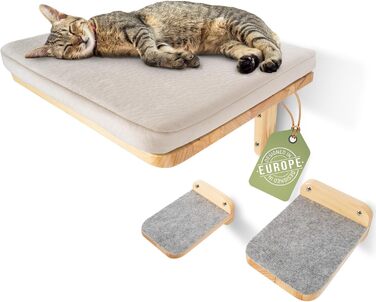 WOOWOOD® Стіна для лазіння котів з 2 сходами, дерев'яна полиця, настінний комплекс для котів, кріплення на стіну, гамак і когтеточка, меблі для котів з масиву дерева, вироблено в Європі
